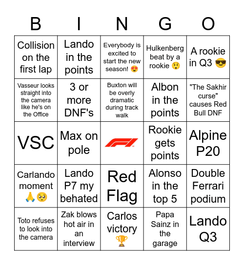 F1 BAHRAIN 2023 Bingo Card