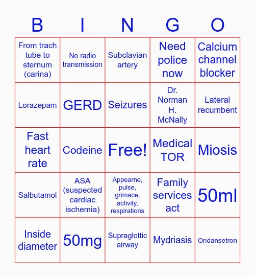 Paramedic BINGO Card