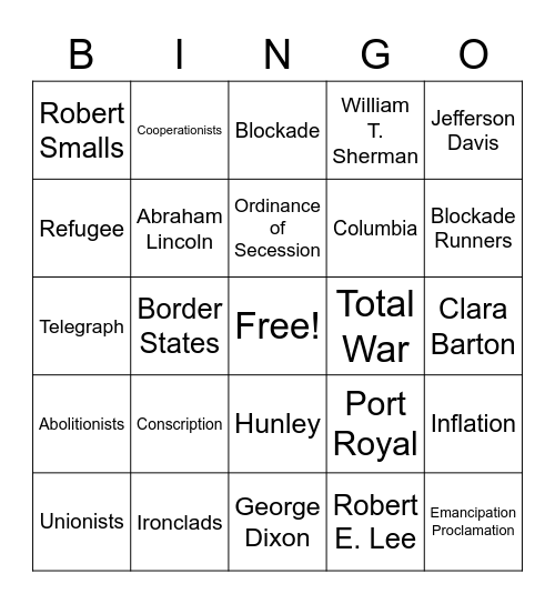 Civil War Bingo Card