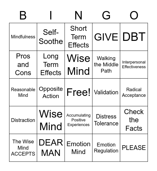 DBT Skills Bingo! Bingo Card