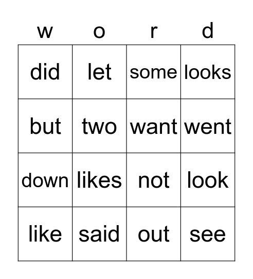 Sight Word Bingo Card