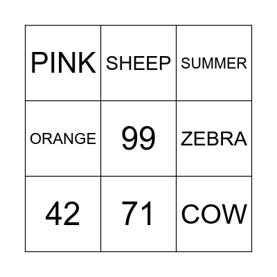 BINGO! COLOURS, ANIMALS, SEASONS, NUMBERS Bingo Card