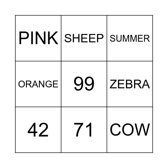 BINGO! COLOURS, ANIMALS, SEASONS, NUMBERS Bingo Card