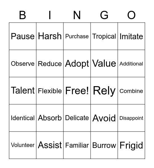 Vocabulary Bingo Card