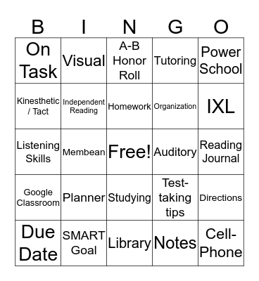 Study Skills Bingo Card