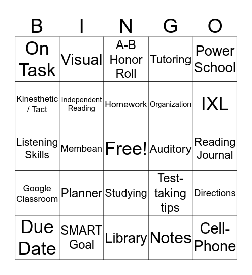 Study Skills Bingo Card