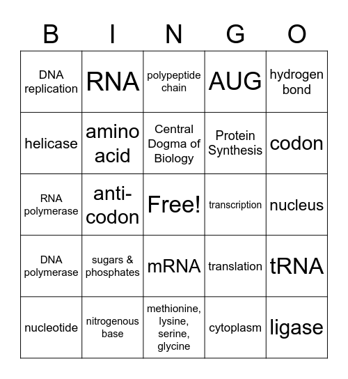 DNA/Protein Synthesis BINGO Card