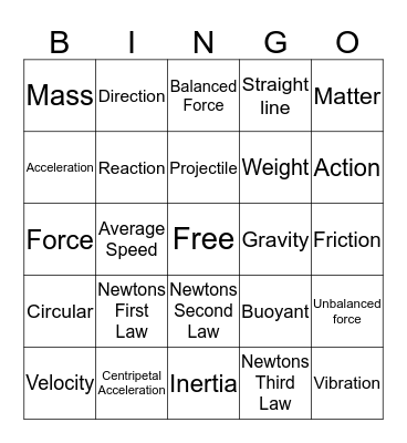 Force and Motion Bingo Card