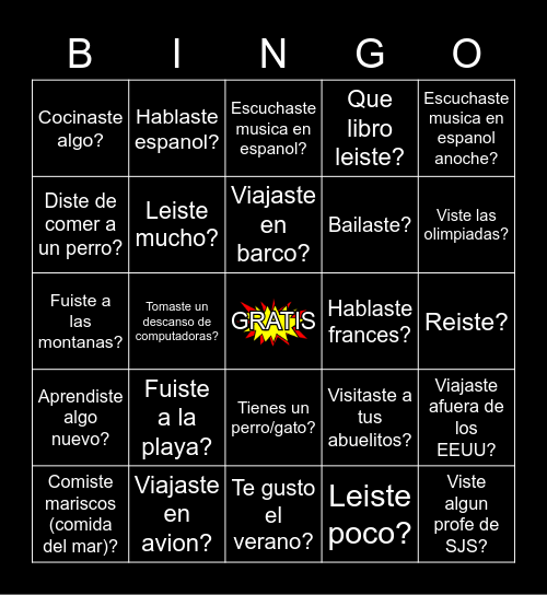 EN ESPANOL!! U1E1 Preterite Bingo Card