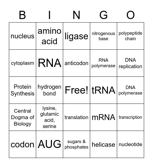 DNA/Protein Synthesis BINGO Card