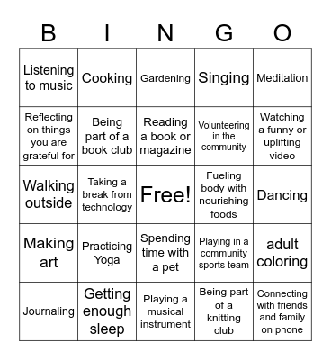 Find Someone Whose Self Care Practices Include: Bingo Card