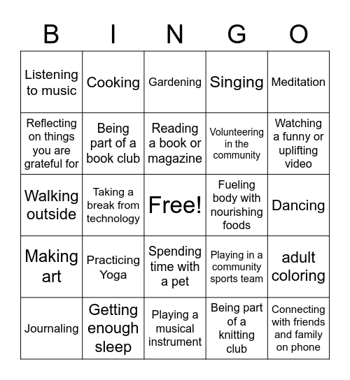 Find Someone Whose Self Care Practices Include: Bingo Card