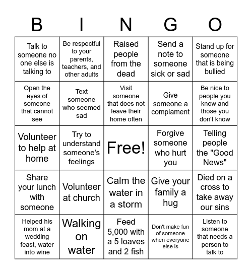 What did/would Jesus do? Bingo Card