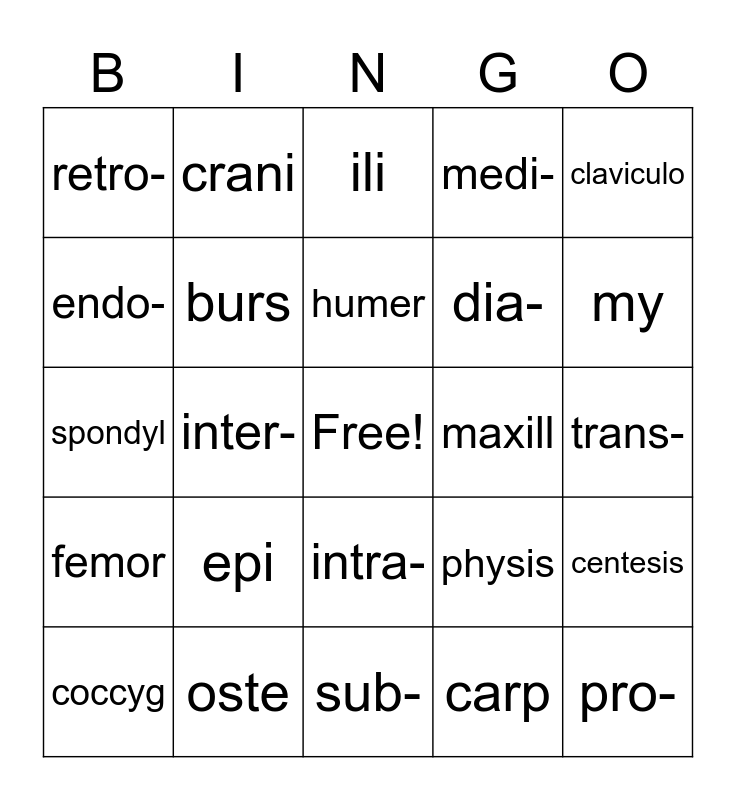 Musculoskeletal Bingo Card