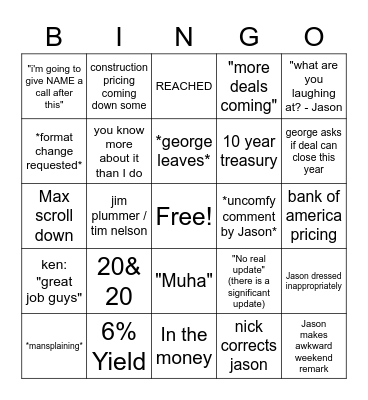 Bond Call Bingo Card