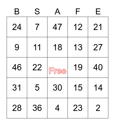 SAFETY Bingo Card