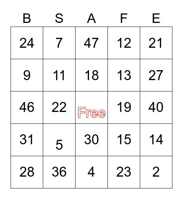 SAFETY Bingo Card