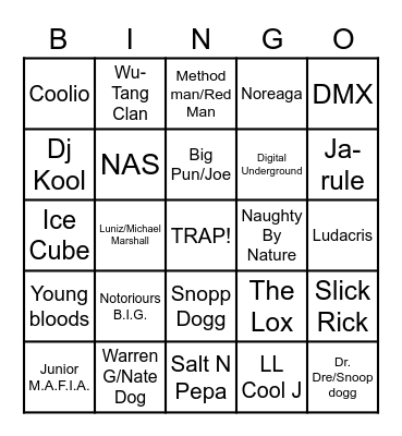 90'S HIP HOP Bingo Card