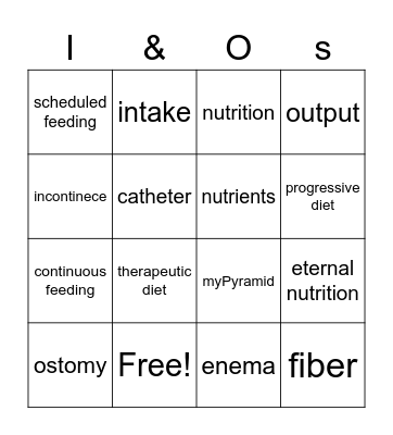 Elimination and Nutrition Bingo Card