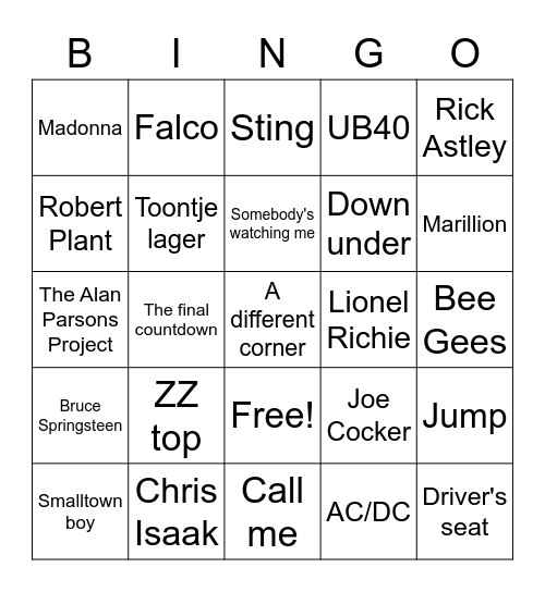 Jaren 80 muziekbingo Card