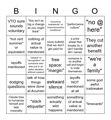 team meeting Bingo Card