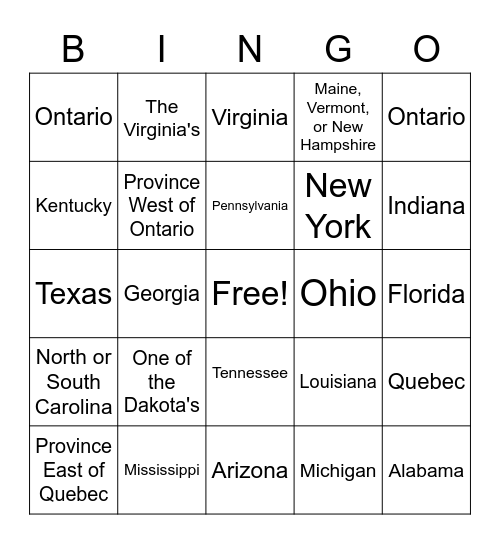 State/Province Bingo Card