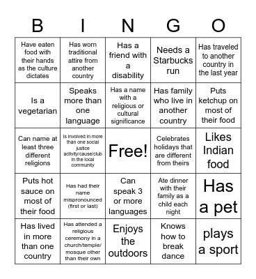 Cultural Diversity Bingo Card