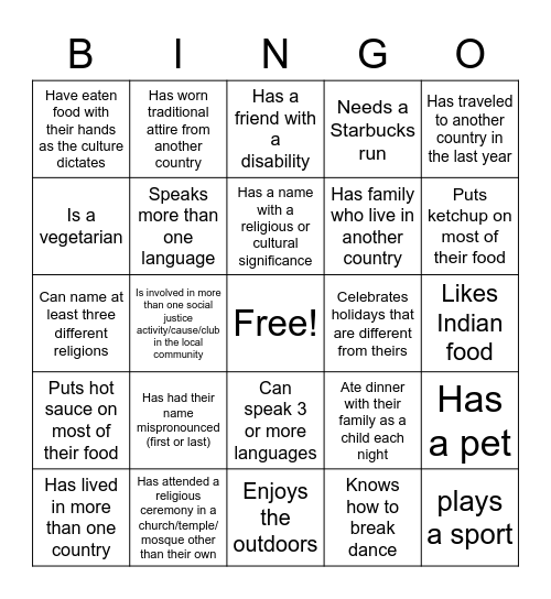 Cultural Diversity Bingo Card