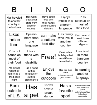 Cultural Diversity Bingo Card