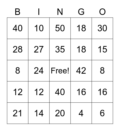 Multiplication Bingo Card