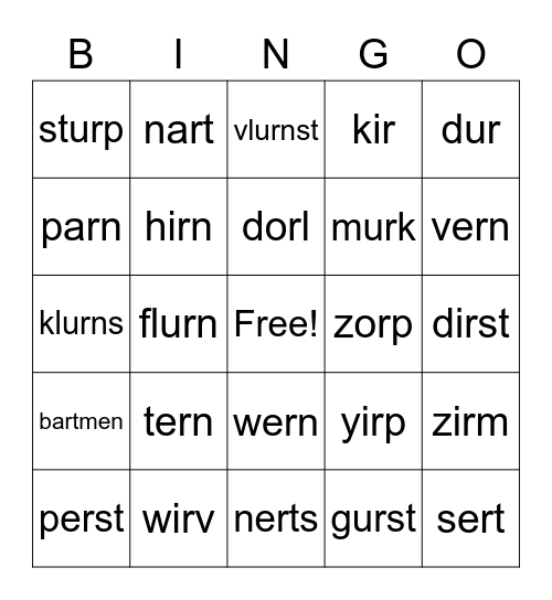 R Controlled Nonsense Words Bingo Card