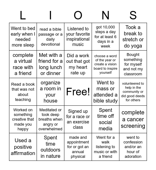 Teacher Self-Care 2 Bingo Card