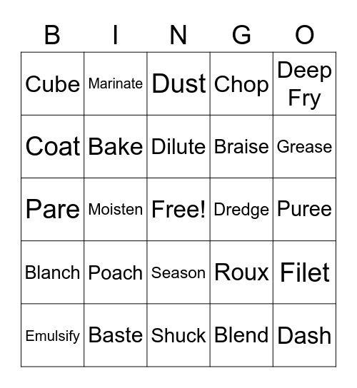 Cooking Terms Bingo Card