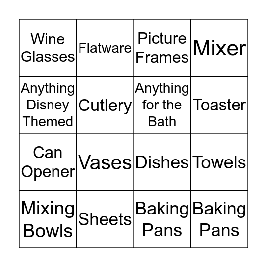 Shower Bingo Card