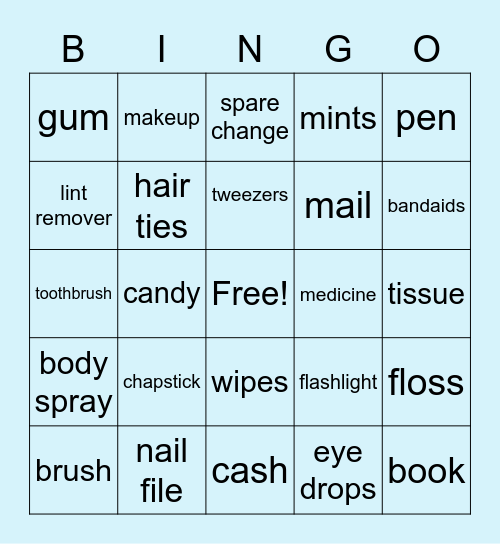 Whats in your purse bingo Card