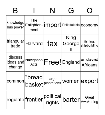 The Growth of Colonial Society Bingo Card