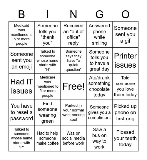 Employee Appreciation Bingo Card