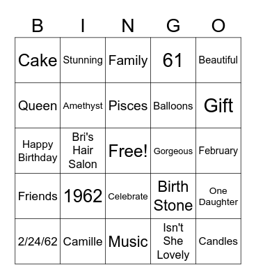 Camille's 61st Birthday Bingo Card