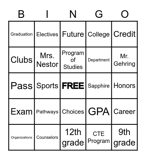 UDAHS 8th Grade Scheduling BINGO Card