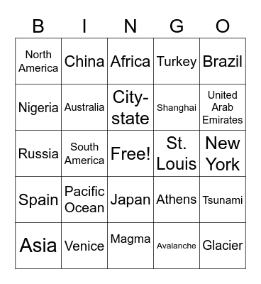 Around the World Bingo Card