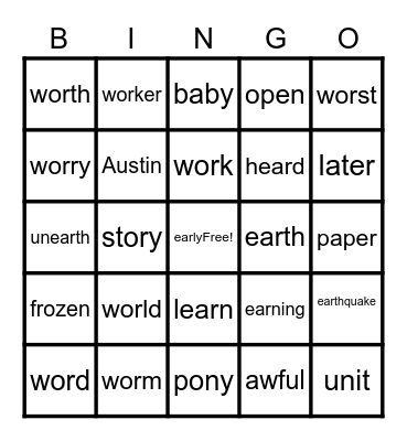 Wor- and Ear- Words Bingo Card