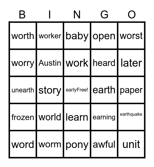Wor- and Ear- Words Bingo Card