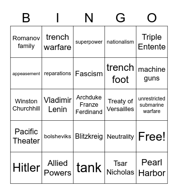 WWI-Interwar-WWII Bingo Card