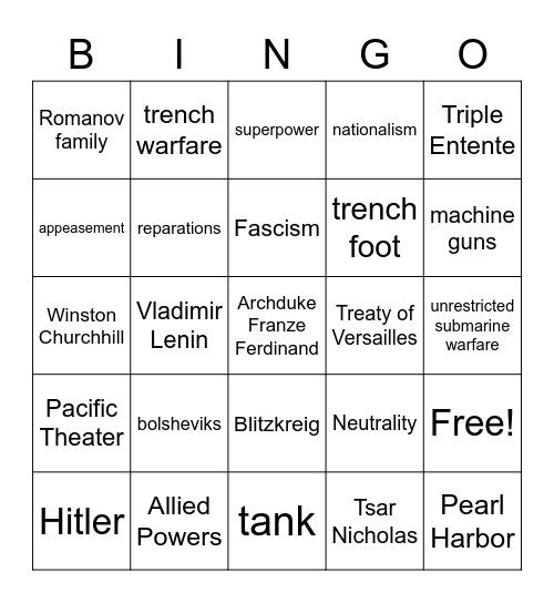 WWI-Interwar-WWII Bingo Card