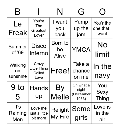 Muziekbingo Duo Woudstra disco Bingo Card
