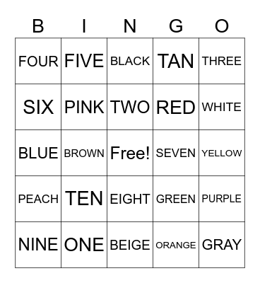 NUMBER AND COLOR BINGO Card