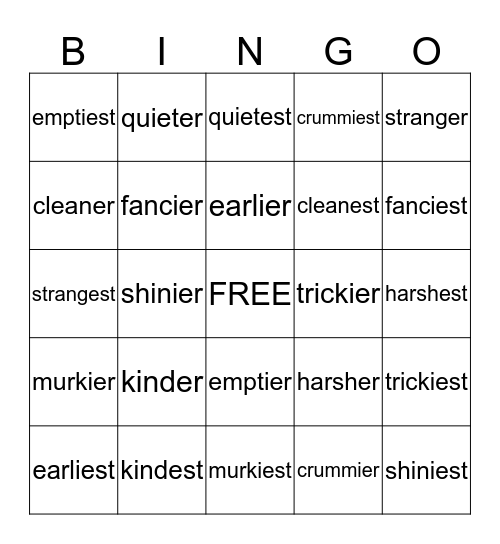 Word Sort 6 (-er, -est, -iest, -ier) Bingo Card