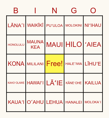 HAWAIIAN PLACE NAMES Bingo Card