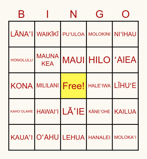 HAWAIIAN PLACE NAMES Bingo Card