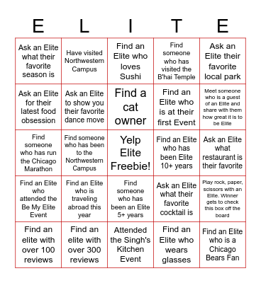 Yelp Chicago North Shore Bingo Card